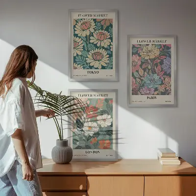 Sada 3 obrazů květinové plakáty s motivy měst Tokio Paříž a Londýn