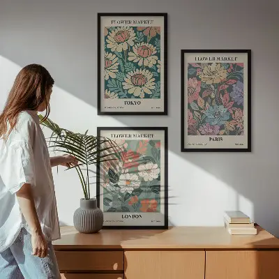 Sada 3 obrazů květinové plakáty s motivy měst Tokio Paříž a Londýn