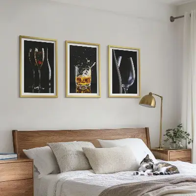 Sklenice vína a whisky sada 3 obrazů na černém pozadí