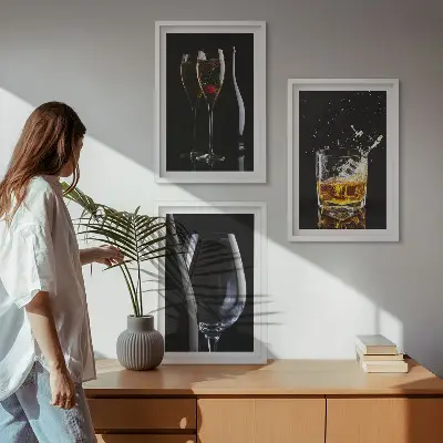 Sklenice vína a whisky sada 3 obrazů na černém pozadí
