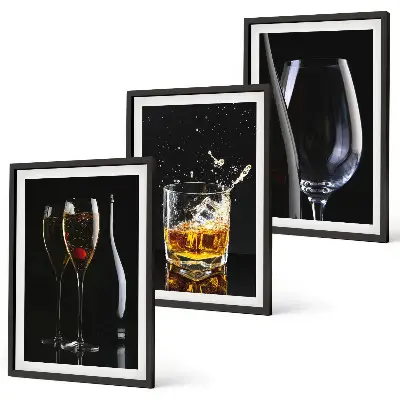 Sklenice vína a whisky sada 3 obrazů na černém pozadí