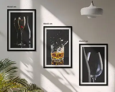 Sklenice vína a whisky sada 3 obrazů na černém pozadí