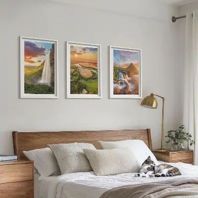 Sada obrazů do obývacího pokoje s motivem západu slunce nad vodopády