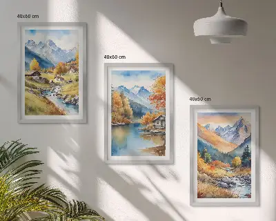 Sada 3 obrazů podzimní hory a domy u řeky