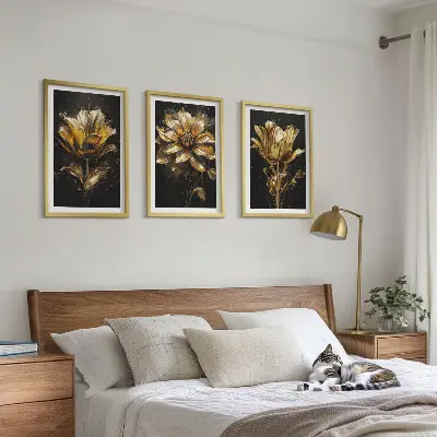 Sada 3 obrazů žluté květy na tmavém pozadí