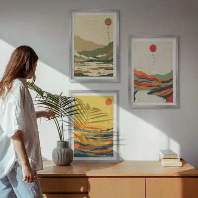 Sada 3 obrazů s barevnými vzory hor v japandi stylu