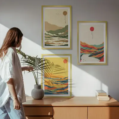 Sada 3 obrazů s barevnými vzory hor v japandi stylu