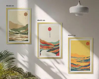 Sada 3 obrazů s barevnými vzory hor v japandi stylu