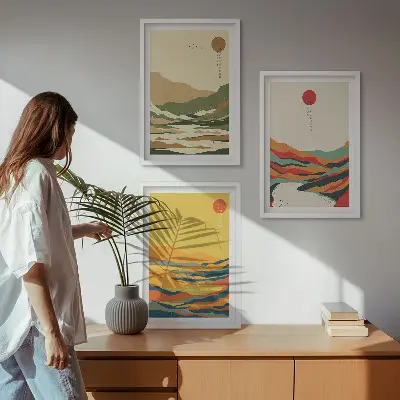 Sada 3 obrazů s barevnými vzory hor v japandi stylu