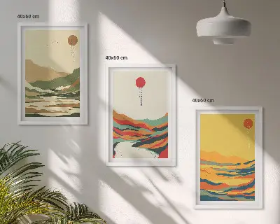 Sada 3 obrazů s barevnými vzory hor v japandi stylu
