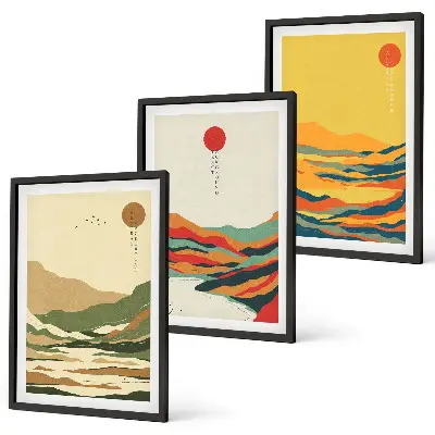 Sada 3 obrazů s barevnými vzory hor v japandi stylu