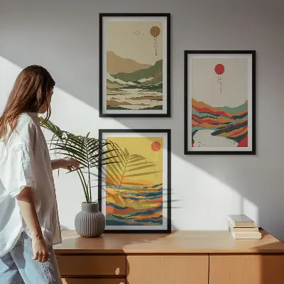 Sada 3 obrazů s barevnými vzory hor v japandi stylu
