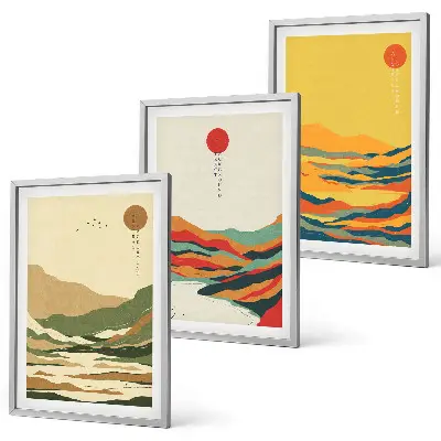 Sada 3 obrazů s barevnými vzory hor v japandi stylu