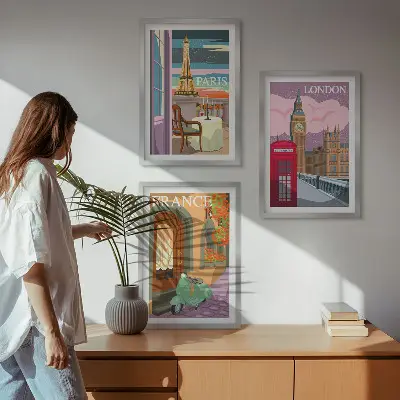 Sada obrazů do obývacího pokoje s motivem retro výhledů na Paříž a Londýn