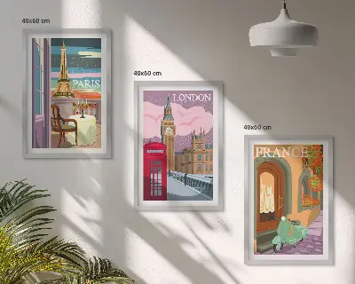 Sada obrazů do obývacího pokoje s motivem retro výhledů na Paříž a Londýn