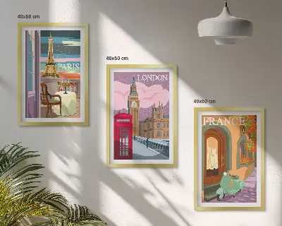Sada obrazů do obývacího pokoje s motivem retro výhledů na Paříž a Londýn