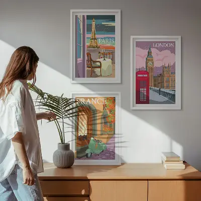 Sada obrazů do obývacího pokoje s motivem retro výhledů na Paříž a Londýn