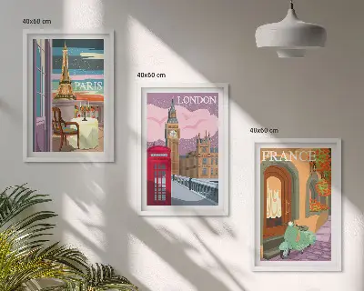 Sada obrazů do obývacího pokoje s motivem retro výhledů na Paříž a Londýn