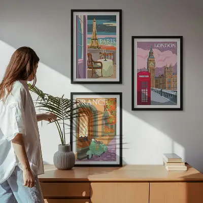 Sada obrazů do obývacího pokoje s motivem retro výhledů na Paříž a Londýn