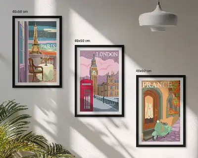 Sada obrazů do obývacího pokoje s motivem retro výhledů na Paříž a Londýn