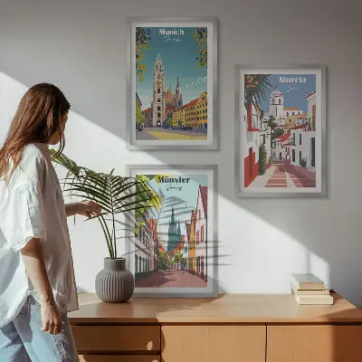 Sada obrazů do obývacího pokoje evropská města v barevných kresbách