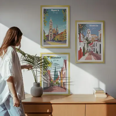 Sada obrazů do obývacího pokoje evropská města v barevných kresbách