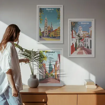 Sada obrazů do obývacího pokoje evropská města v barevných kresbách