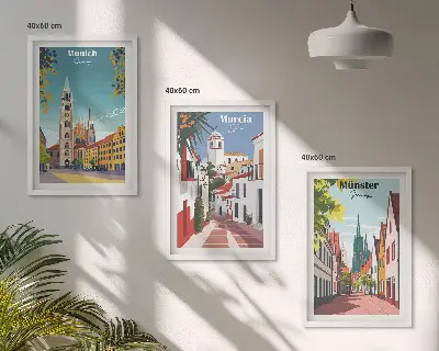 Sada obrazů do obývacího pokoje evropská města v barevných kresbách