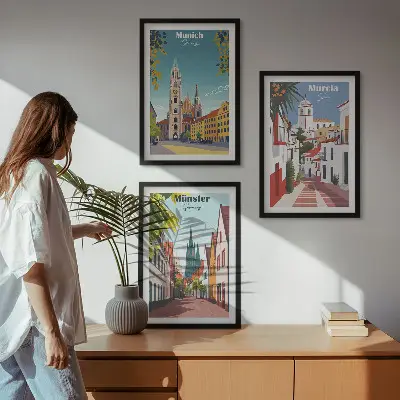 Sada obrazů do obývacího pokoje evropská města v barevných kresbách