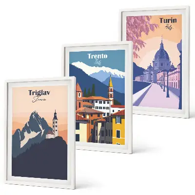 Sada obrazů na stěnu retro ilustrace s horskou architekturou