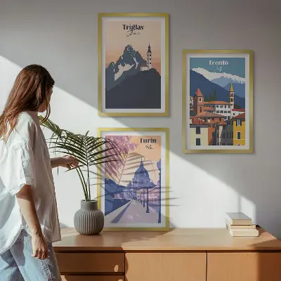 Sada obrazů na stěnu retro ilustrace s horskou architekturou