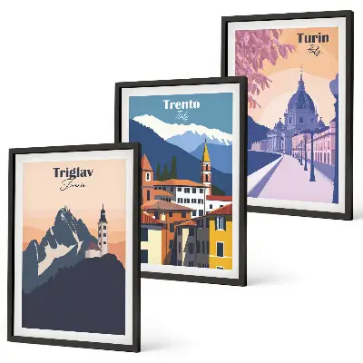 Sada obrazů na stěnu retro ilustrace s horskou architekturou