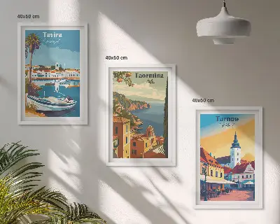 Výhledy na pobřežní města sada 3 obrazů