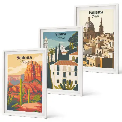 Sada obrazů do obývacího pokoje pohledy Sedona, Sintra a Valletta v retro stylu
