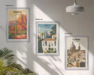 Sada obrazů do obývacího pokoje pohledy Sedona, Sintra a Valletta v retro stylu