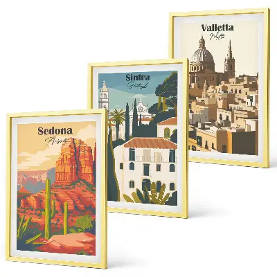 Sada obrazů do obývacího pokoje pohledy Sedona, Sintra a Valletta v retro stylu