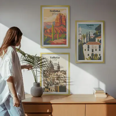 Sada obrazů do obývacího pokoje pohledy Sedona, Sintra a Valletta v retro stylu