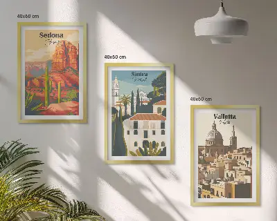 Sada obrazů do obývacího pokoje pohledy Sedona, Sintra a Valletta v retro stylu