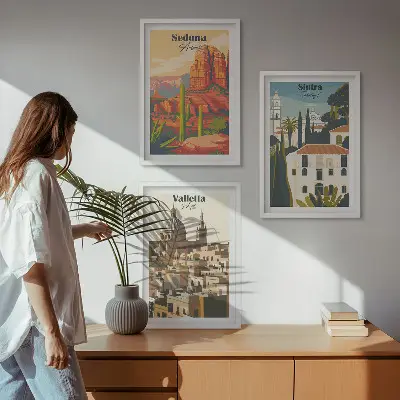 Sada obrazů do obývacího pokoje pohledy Sedona, Sintra a Valletta v retro stylu