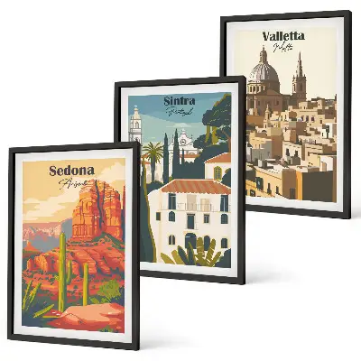 Sada obrazů do obývacího pokoje pohledy Sedona, Sintra a Valletta v retro stylu