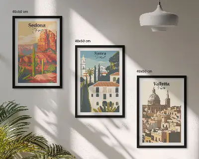 Sada obrazů do obývacího pokoje pohledy Sedona, Sintra a Valletta v retro stylu