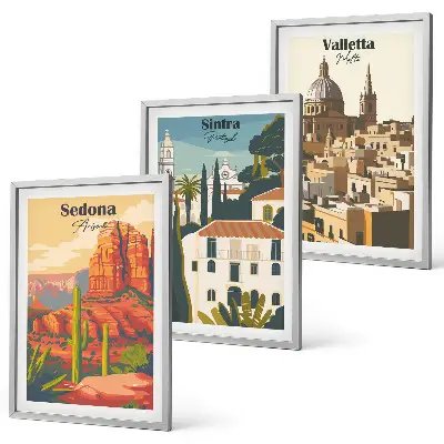 Sada obrazů do obývacího pokoje pohledy Sedona, Sintra a Valletta v retro stylu