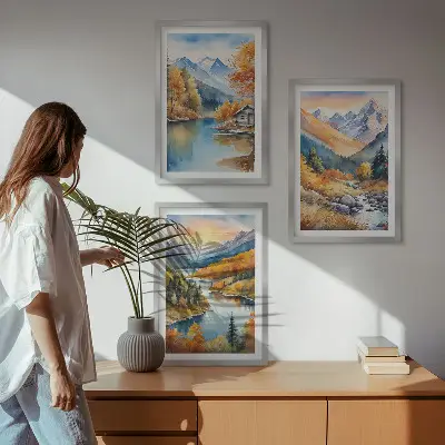 Sada obrazů do obývacího pokoje horská krajina s řekou na podzim