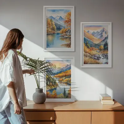 Sada obrazů do obývacího pokoje horská krajina s řekou na podzim