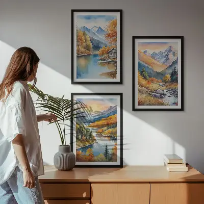 Sada obrazů do obývacího pokoje horská krajina s řekou na podzim