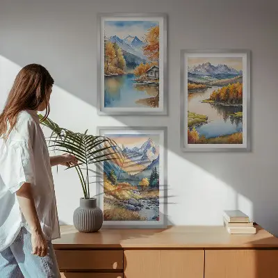 Sada 3 obrazů horské řeky s podzimními stromy