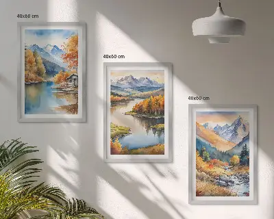 Sada 3 obrazů horské řeky s podzimními stromy