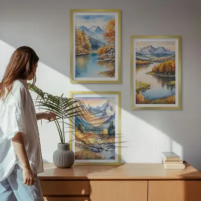 Sada 3 obrazů horské řeky s podzimními stromy