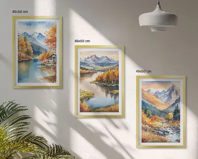 Sada 3 obrazů horské řeky s podzimními stromy
