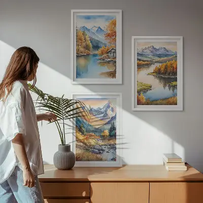 Sada 3 obrazů horské řeky s podzimními stromy
